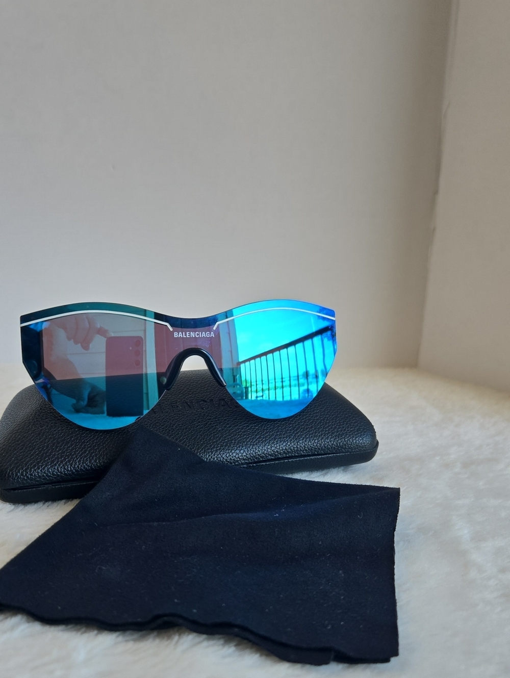 : Balenciaga BB0056S 009 Blue Mirror Cat-Eye Shield Sunglasses w/ Case